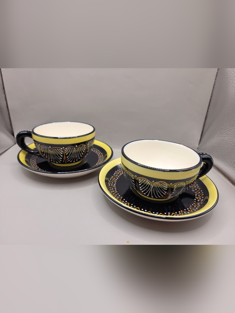 Vintage HB Quimper France Hand Painted Cup & Saucer Set 2 Black Yellow